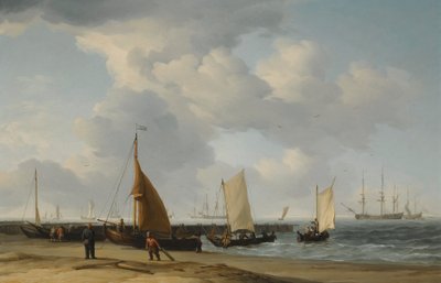 Scena di spiaggia con una nave da guerra in lontananza da Charles Brooking